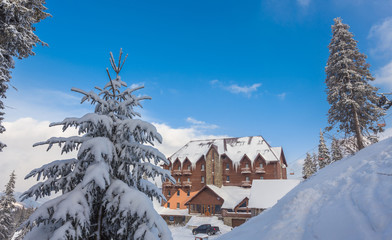 wonderful winter scenery with snow and timber home