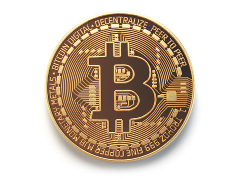Golden bitcoin coin virtual currency isolated on white background.