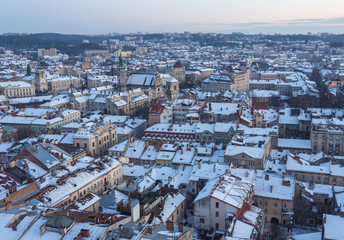 Winter view on the downtown in Lviv, Ukraine.