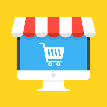 Computer with white shopping cart icon on screen and storefront awning. Ecommerce, online shopping, e-commerce, internet marketplace concepts. Modern flat design. Vector illustration