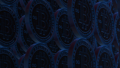 Bitcoins, new virtual money on various digital background, 3D render