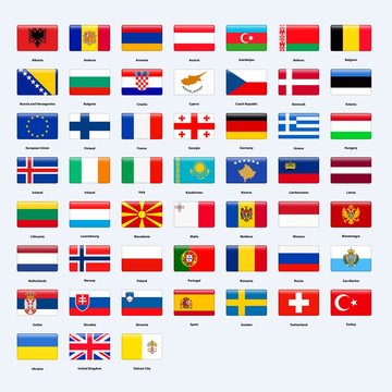 Set of flags of all countries of Europe. Rectangle glossy style.