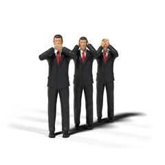 3 toy miniature figure businessmen in three wise monkeys pose isolated on white background (see no...