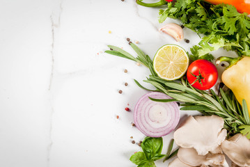 Food cooking background, white marble table. Fresh raw organic vegetables (tomatoes, peppers, mushrooms, onion), herbs, spices, lime for preparation dinner. Top view copy space
