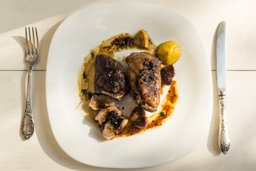 Fried duck fillet with homemade lemon-mint sauce