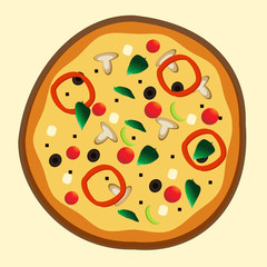 Freshly baked vegetarian pizza for pizzeria menu at the light yellow background