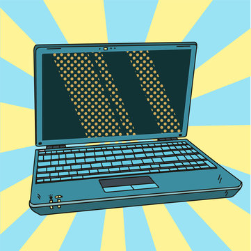 Laptop in pop art. Open digital notebook in comic style. Vector illustration.