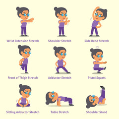 Cartoon set of old woman doing exercises for health and fitness