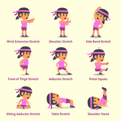 Cartoon set of woman doing exercises for health and fitness