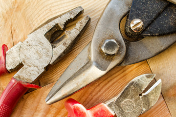 Old tools on a wooden surface
