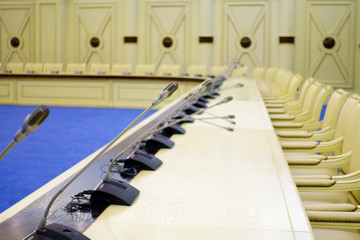 Table microphones at conference hall