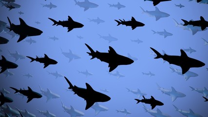 School of sharks swimming in blue water. 3d rendering. Side view 