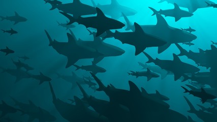 School of sharks swimming in blue water. 3d rendering. Side view . Medium population.