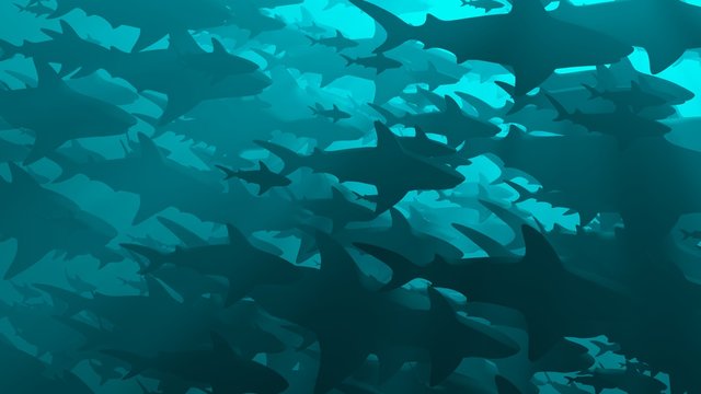 School of sharks swimming in blue water. 3d rendering. Side view . Dense, high population.