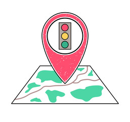 Textured red geotag, traffic light symbol pointing at a map.GPS navigation.Mobile device, smartphone app, website vector illustration. Road warning sign on a city street plan. Stop light signal icon.