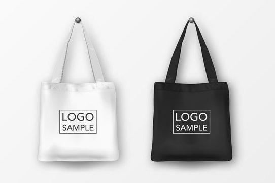 Realistic Vector Black And White Empty Textile Tote Bag Icon Set. Closeup Isolated On White Background. Design Templates For Branding, Mockup. EPS10.