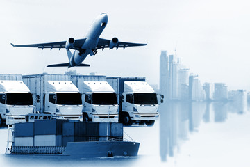 Fototapeta premium .Shipping, delivery car, ship, plane transport on city background , Delivery Global business of Container Cargo freight train for logistic import export, Business logistics concept.