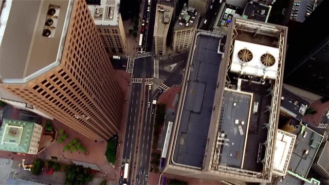 Overhead aerial shot of downtown buildings.
