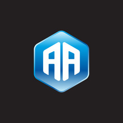 Initial letter AA, modern glossy hexagon logo, gradient blue color on black background	
 
