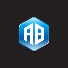 Initial letter AB, modern glossy hexagon logo, gradient blue color on black background	
 
