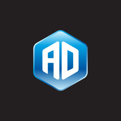 Initial letter AD, modern glossy hexagon logo, gradient blue color on black background	
 
