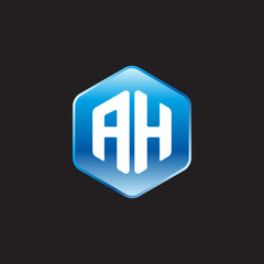 Initial letter AH, modern glossy hexagon logo, gradient blue color on black background	
 
