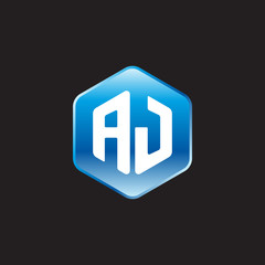 Initial letter AJ, modern glossy hexagon logo, gradient blue color on black background	
 
