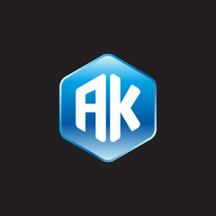 Initial letter AK, modern glossy hexagon logo, gradient blue color on black background	
 
