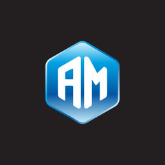Initial letter AM, modern glossy hexagon logo, gradient blue color on black background	
 
