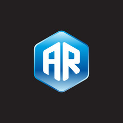 Initial letter AR, modern glossy hexagon logo, gradient blue color on black background	
 
