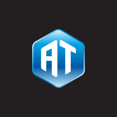Initial letter AT, modern glossy hexagon logo, gradient blue color on black background	
 
