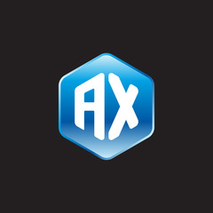 Initial letter AX, modern glossy hexagon logo, gradient blue color on black background	
 

