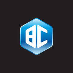 Initial letter BC, modern glossy hexagon logo, gradient blue color on black background	
 
