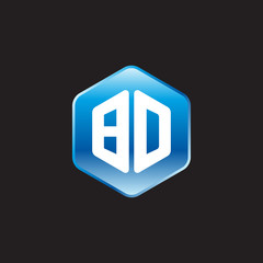 Initial letter BD, modern glossy hexagon logo, gradient blue color on black background	
 
