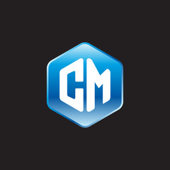 Initial letter CM, modern glossy hexagon logo, gradient blue color on black background	
 
