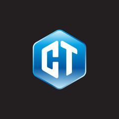 Initial letter CT, modern glossy hexagon logo, gradient blue color on black background	
 
