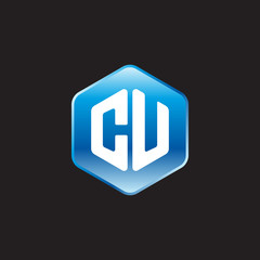 Initial letter CU, modern glossy hexagon logo, gradient blue color on black background	
 
