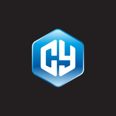 Initial letter CY, modern glossy hexagon logo, gradient blue color on black background	
 
