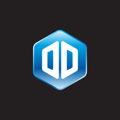 Initial letter DD, modern glossy hexagon logo, gradient blue color on black background	
 
