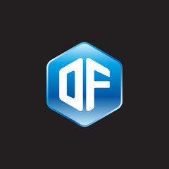 Initial letter DF, modern glossy hexagon logo, gradient blue color on black background	
 

