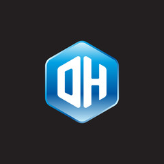 Initial letter DH, modern glossy hexagon logo, gradient blue color on black background	
 
