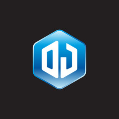 Initial letter DJ, modern glossy hexagon logo, gradient blue color on black background	
 
