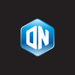 Initial letter DN, modern glossy hexagon logo, gradient blue color on black background	
 
