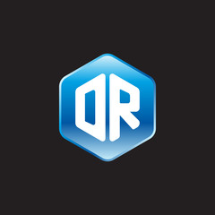 Initial letter DR, modern glossy hexagon logo, gradient blue color on black background	
 
