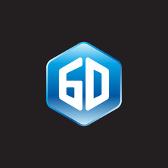 Initial letter GD, modern glossy hexagon logo, gradient blue color on black background	
 
