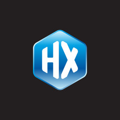 Initial letter HX, modern glossy hexagon logo, gradient blue color on black background	
 

