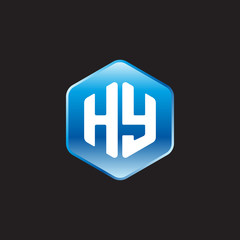 Initial letter HY, modern glossy hexagon logo, gradient blue color on black background	
 

