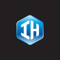 Initial letter IH, modern glossy hexagon logo, gradient blue color on black background	
 

