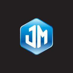 Initial letter JM, modern glossy hexagon logo, gradient blue color on black background	
 
