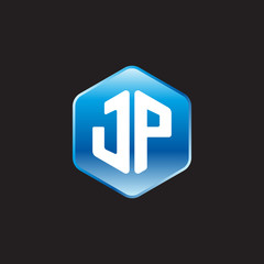 Initial letter JP, modern glossy hexagon logo, gradient blue color on black background	
 
